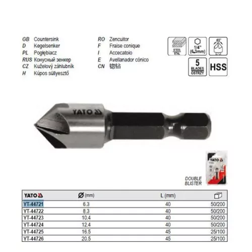 YATO YT-44721 Kúpos süllyesztő fémre 6,3 mm bit befogású HSS