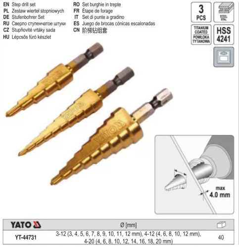 YATO YT-44731 Lépcsős fúró készlet 3 részes HSS titán-nitrid