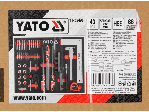 YATO YT-55498 Szivacs fiókbetét szerszámkocsihoz 43 részes (menetfúró, menetmetsző, reszelő, drótkefe, tolómérő, mérőszalag, derékszög)