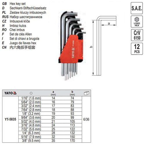 YATO YT-5835 Imbuszkulcs készlet 12 részes 1/16"-3/8" CrV