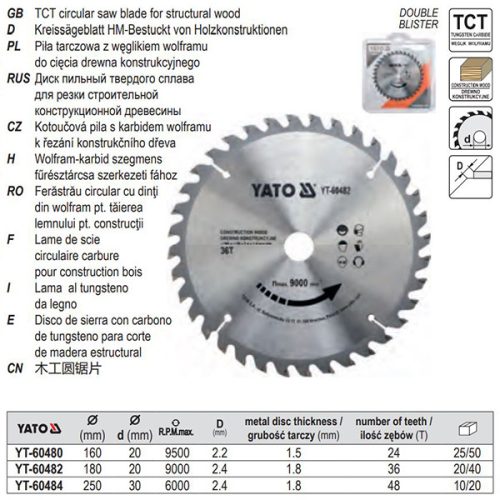 YATO YT-60482 Fűrésztárcsa fához 180 x 20 x 1,8 mm / 36T