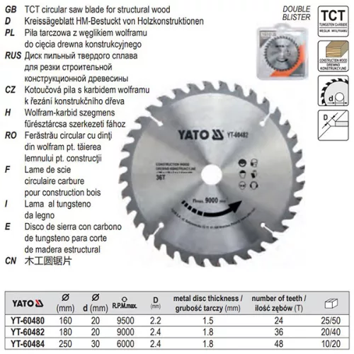 YATO YT-60484 Fűrésztárcsa fához 250 x 30 x 1,8 mm / 48T