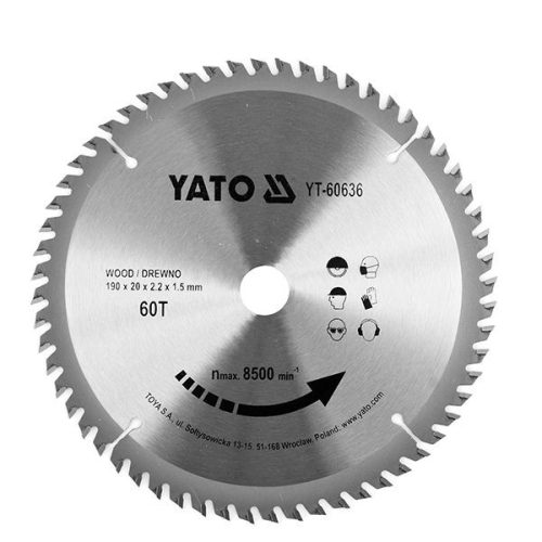 YATO YT-60636 Fűrésztárcsa fához 190 x 20 x 1,5 mm / 60T