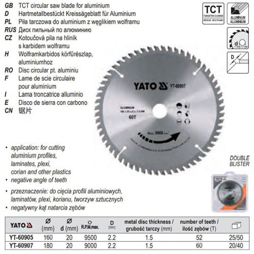 YATO YT-60907 Fűrésztárcsa alumíniumhoz 180 x 20 x 1,5 mm / 60T