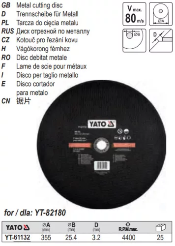 YATO YT-61132 Vágókorong fémre 355 x 3,2 x 25,4 mm