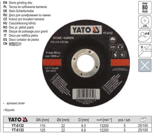 YATO YT-6133 Tisztítókorong kőre 125 x 6,8 x 22,2 mm