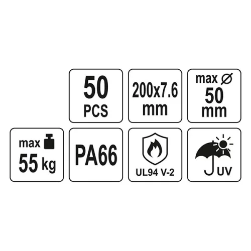 YATO YT-70650 Kábelkötegelő fekete 200 x 7,6 mm (50 db/cs)