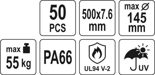 YATO YT-70655 Kábelkötegelő fekete 500 x 7,6 mm (50 db/cs)