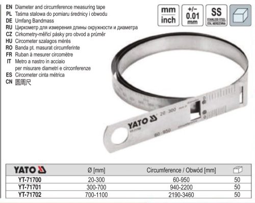 YATO YT-71700 Precíziós mérőszalag (+-0,01 mm), átmérő 30-300 mm, körméret 60-950 mm inox