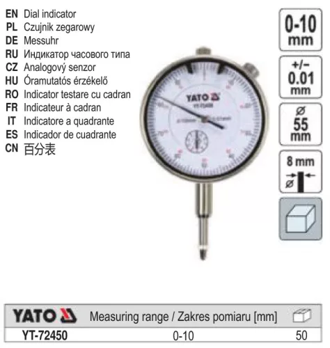 YATO YT-72450 Analóg indikátor óra 0-10/ 0,01 mm mágneses