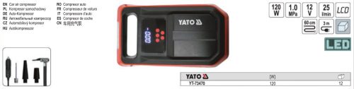 YATO YT-73470 Autós kompresszor 12V 10 bar LCD kijelzővel, LED lámpával