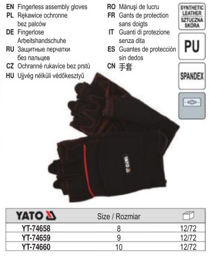 YATO YT-74659 Munkavédelmi kesztyű ujjvég nélküli 10-es