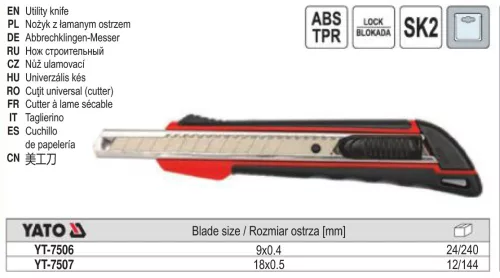 YATO YT-7507 Törhető pengés kés 18 mm fémsínes