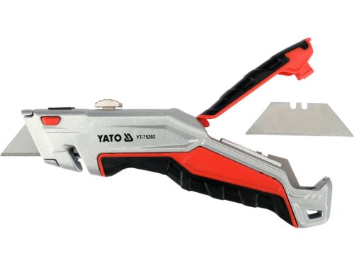 YATO YT-75202 Behúzható tarpézpengés kés övvágó / dobozbontó funkcióval +3 db pótpengével