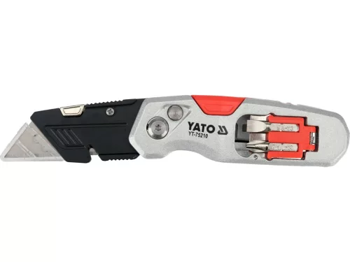 YATO YT-75210 Behajtható tarpézpengés kés övvágó / dobozbontó funkcióval +2 db pótpengével +2 db bitheggyel (1 db lapos 6mm, 1 db PH2)