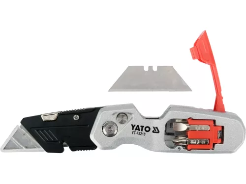 YATO YT-75210 Behajtható tarpézpengés kés övvágó / dobozbontó funkcióval +2 db pótpengével +2 db bitheggyel (1 db lapos 6mm, 1 db PH2)