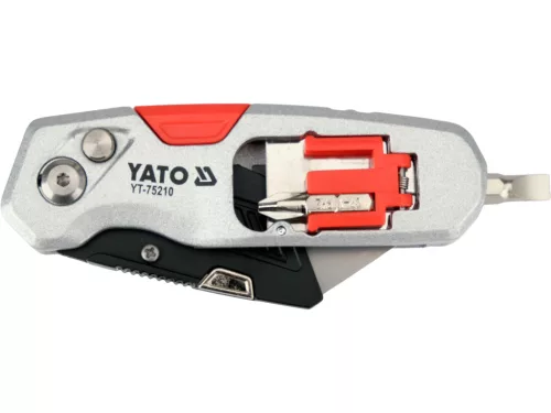 YATO YT-75210 Behajtható tarpézpengés kés övvágó / dobozbontó funkcióval +2 db pótpengével +2 db bitheggyel (1 db lapos 6mm, 1 db PH2)
