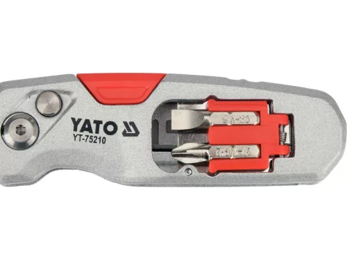YATO YT-75210 Behajtható tarpézpengés kés övvágó / dobozbontó funkcióval +2 db pótpengével +2 db bitheggyel (1 db lapos 6mm, 1 db PH2)