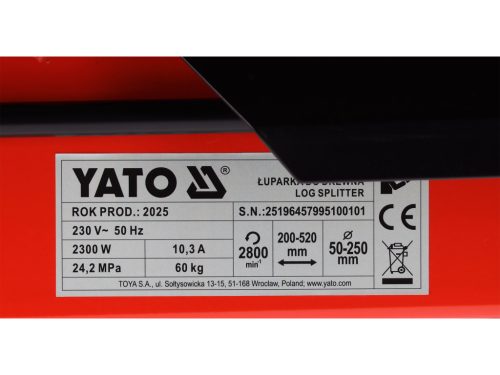 YATO YT-79951 Elektromos rönkhasító Lemez védőburkolattal 7T max 520 mm rönkhossz