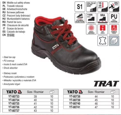 YATO YT-80738 Munkavédelmi cipő S1 44-es méret TRAT