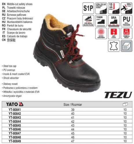 YATO YT-80843 Munkavédelmi cipő S1P 41-es méret TEZU