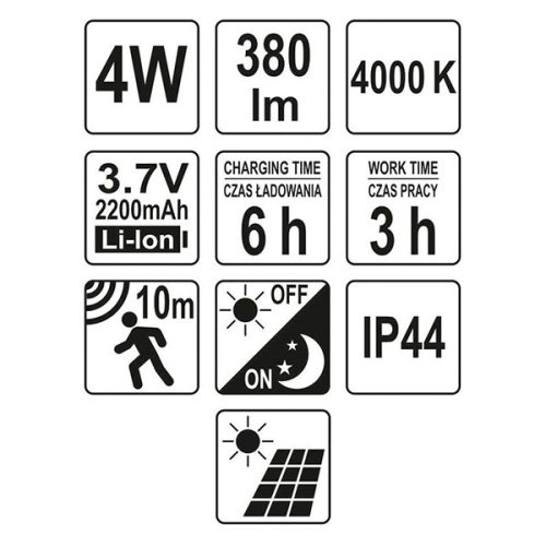 YATO YT-81860 Napelemes LED lámpa mozgásérzékelős 4W