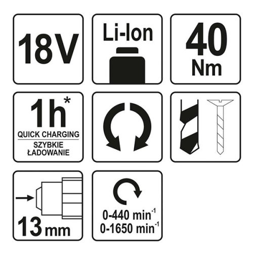 YATO YT-82781 Akkus fúrócsavarozó 40 Nm 18 V Li-Ion (akku + töltő nélkül)