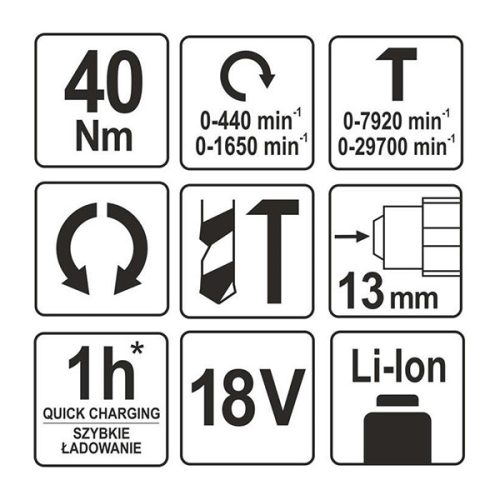 YATO YT-82787 Akkus ütvefúró-csavarozó 40 Nm 18 V Li-Ion (akku + töltő nélkül)
