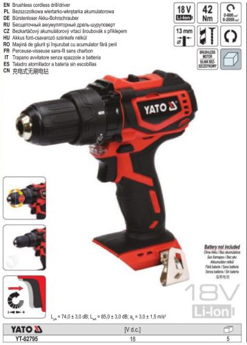 YATO YT-82795 Akkus fúrócsavarozó 42 Nm szénkefe nélküli 18 V Li-Ion (akku + töltő nélkül)