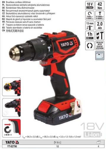 YATO YT-82796 Akkus ütvefúró-csavarozó 42 Nm szénkefe nélküli 18 V Li-Ion (1 x 2,0 Ah akku + töltő)