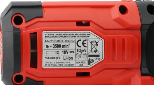 YATO YT-828116 Akkumuátoros ács láncfűrész 6 col láncvezetővel, szénkefe nélküli motorral (akku + töltő nélkül)