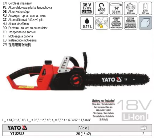 YATO YT-82813 Akkus láncfűrész 350 mm 2 x 18 V (akku + töltő nélkül)