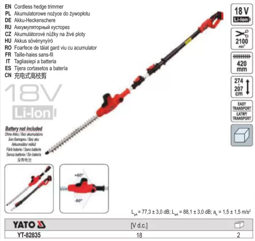 YATO YT-82835 Akkus lombnyíró 18 V (akku+töltő nélkül) 207-2740 mm