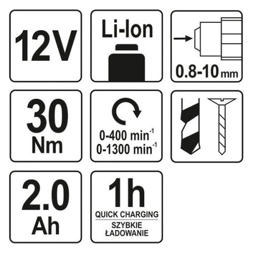 YATO YT-82901 Akkus fúrócsavarozó 30 Nm 12 V Li-Ion (1 x 2,0 Ah akku + töltő)