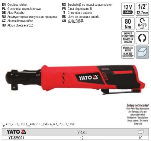 YATO YT-829021 Akkus sarok ütvecsavarozó 1/2" 80 Nm szénkefe nélküli 12 V Li-Ion (akku + töltő nélkül)