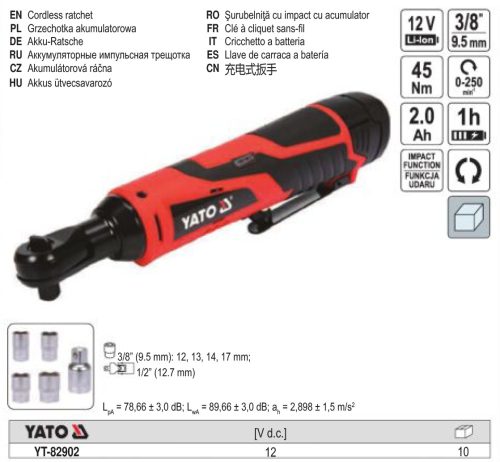 YATO YT-82902 Akkus sarok ütvecsavarozó 3/8" 45 Nm 12 V Li-Ion (1 x 2,0 Ah akku + töltő)
