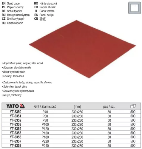 YATO YT-8355 Csiszolópapír A4 230 x 280 mm / P150 (50 db/cs)