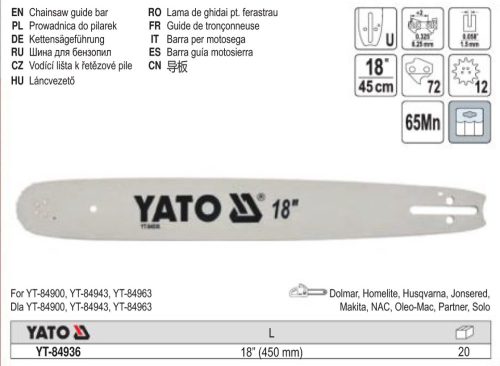 YATO YT-84936 Láncfűrész láncvezető 18" 0,325" 1,5 mm