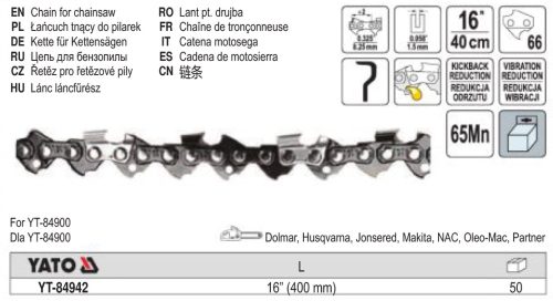 YATO YT-84942 Láncfűrész lánc 16" 0,325" 1,5 mm 66 szem