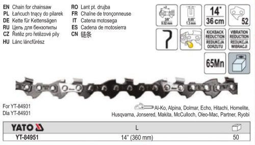 YATO YT-84951 Láncfűrész lánc 14" 3/8" 1,3 mm 52 szem