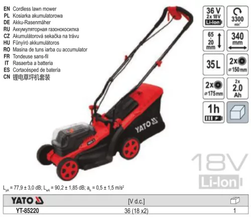 YATO YT-85220 Akkus fűnyíró 340 mm 2 x 18 V (2 x 2,0 Ah akku + töltő)