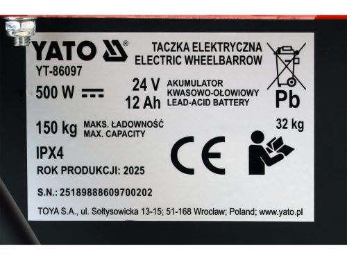 YATO YT-86097 Elektromos hajtású akkumulátoros kerti talicska 500W 150kg