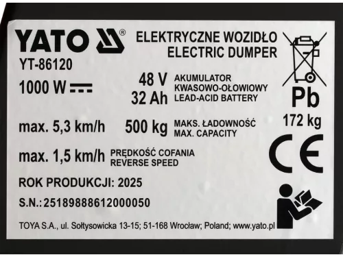 YATO YT-86120 Akkumulátoros gyalogos kíséretű bilenthető platós dömper 1000W 500kg 48V 32Ah