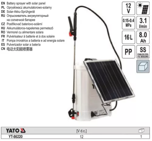YATO YT-86220 Akkus és napelemes háti permetező 16 liter 12 V 8,0 Ah